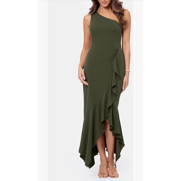 Xscape Dresses & Skirts - XScape One Shoulder Asymmetrical Hem Green Gown